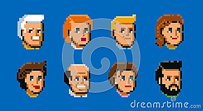 People, male and female faces avatars. Pixel art style vector icons set vector illustration Vector Illustration