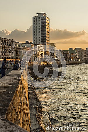 People Malecon boardwalk sunset Havana Editorial Stock Photo