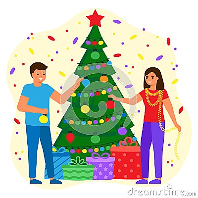 People man and woman decorate green spruce with balls and lightbulbs. Young couple waiting for holiday with gifts. Christmas and Vector Illustration