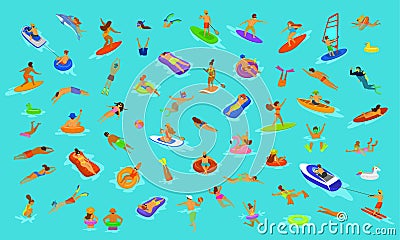 People man and woman, girls and boys swimming in floats mattress, diving into sea, water, pool or ocean. Summer beach vacations sc Vector Illustration