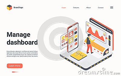 People manage dashboard isometric landing page, working on data analysis creative process Vector Illustration