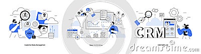 Three Panels Representing Customer Data Management, Sales Automation, and CRM Software Solutions Vector Illustration