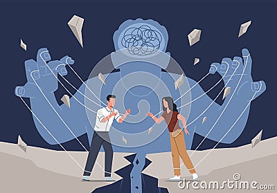 People manipulating. Quarreling couple, weaving intrigues, destroying good relationships, silhouette with puppets Vector Illustration