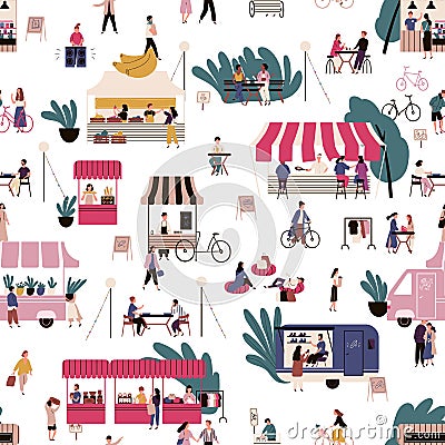 People at market seamless pattern vector flat illustration. Crowd of man and woman walk, buy, eat fast food and rest at Vector Illustration