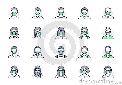 People in mask avatar line icons. Vector illustration included icon as man, female, muslim, senior, adult and young Vector Illustration