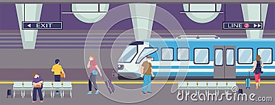 People in mask wait subway train, vector illustration. Transportation while coronavirus, passenger protection at metro Vector Illustration