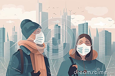 people in masks with city and coronavirus on background. Protection against dirty air, colds and other problems Stock Photo