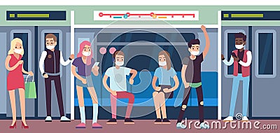 People in masks in subway. Underground mass transit with men and women. Metro wagon, coronavirus covid-19 healthcare Vector Illustration