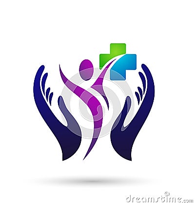 People family medical care logo icon winning happiness health together team success wellness health symbol on white background Cartoon Illustration