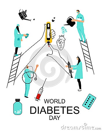 People in medical clothes protecting human heart and hands which are making blood Sugar or glucose Test.Disruption of the endocrin Vector Illustration