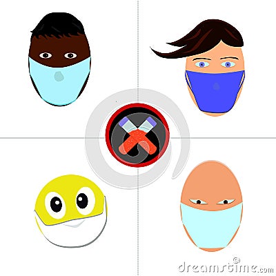 People in medical face mask icons set isolated on white background. Different characters in prevention masks.Pandemic of Vector Illustration