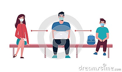 People in medical masks, they keep their distance on the bench. A socially safe distance between people so as not to Vector Illustration