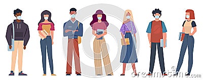 People with medical masks. Multiethnic young people wearing medical masks to prevent disease, flu or covid-19 healthcare Vector Illustration