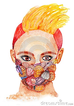 people in medical masks painted in watercolors. Instead of masks, there are various things that they are associated with. Stock Photo