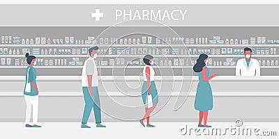 People in medical masks in the pharmacy. Pharmacist stands near the shelves with medicines. Visitors keep their distance in line Vector Illustration