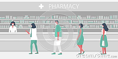 People in medical masks in the pharmacy. Pharmacist stands near the shelves with medicines. Visitors keep their distance in line Vector Illustration