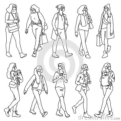 People in medical masks. Vector illustration of masked women set in linear style isolated on white background Vector Illustration