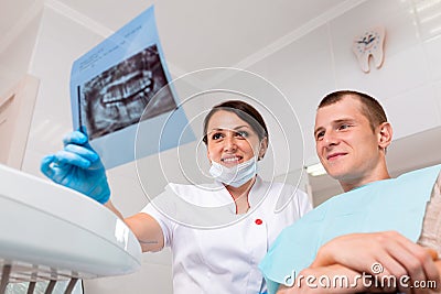 People, medicine, stomatology, technology and health care concept - happy female dentist with teeth x-ray on tablet pc Stock Photo