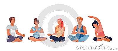 People in meditation lotus pose at yoga class flat illustration isolated Cartoon Illustration