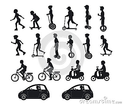 People, men and women riding modern electric scooters, cars, bicycles , skateboards,segway,hoverboard Stock Photo