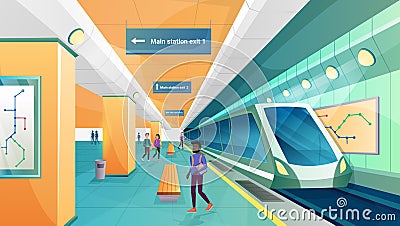 People in metro subway station vector illustration, cartoon passenger character walking on modern underground transport Vector Illustration