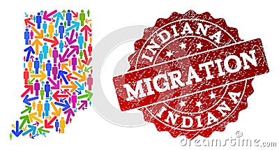 Migration Collage of Mosaic Map of Indiana State and Textured Seal Vector Illustration