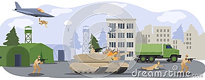 People in military camp base, soldiers in camouflage uniform at war with gun, militarian tank and airplane cartoon Vector Illustration