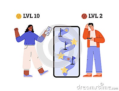 People with mobile phones pass game, different levels flat style Vector Illustration