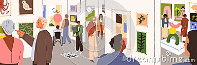 People in modern art gallery. Visitors walking, looking at paintings, watching abstract pictures on walls at Vector Illustration