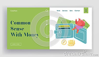 People and Money Website Landing Page. Tiny Woman Sitting Huge Purse Full of Cash and Credit Cards Vector Illustration