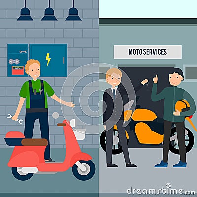 People In Moto Service Vertical Banners Vector Illustration