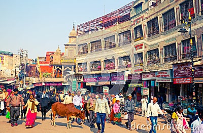 People move along Dasashvamedh Ghat Road in Varanasi Editorial Stock Photo