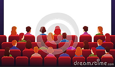 People in movie theater. Guys watch sitting on red chairs in front of white screen in movie hall. Entertainment and Vector Illustration