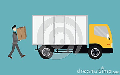 People moving bring box into truck container Vector Illustration