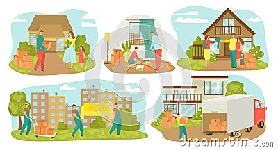 People moving house, new home relocation set of vector illustrations. Family movers with boxes, carrying furniture Vector Illustration