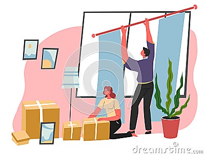 People moving in house, unpacking carton boxes Vector Illustration