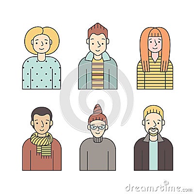 People multicolored icons vector set (men and women). Minimalistic design. Part six. Vector Illustration