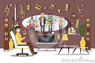 People musicians give person good mood vector illustration. Fan listen song on large music speakers. In room favorite Vector Illustration