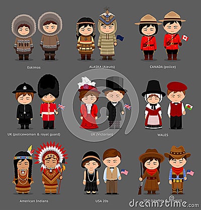 People in national dress. United Kingdom, Canada, United States of America. Eskimos, Aleuts, American Indians. Vector Illustration