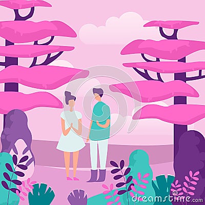 People and nature flat vector illustration. Outing, outdoor recreation, family walk. Young couple in forest, girlfriend Vector Illustration