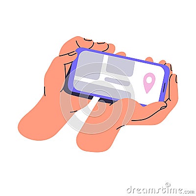 People navigate by smartphone gps app. Mobile app for search location point on digital map. User hold phone with geo Vector Illustration