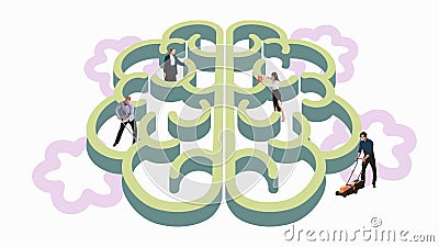 People navigating maze in shape of brain, symbolizing problem-solving, mental challenges, and complex nature of human Stock Photo