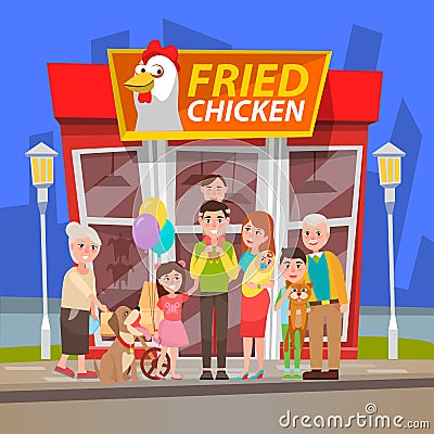 People near Chicken Shop in City, Fried Hen Vector Vector Illustration