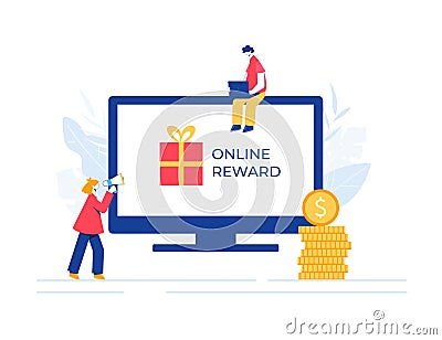 People near the monitor screen, gift box and a stack of gold coins. Vector Illustration