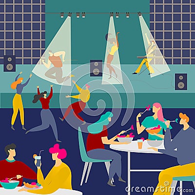 People in night cafe club vector illustration, cartoon flat adult man woman characters meeting in interior clubhouse Vector Illustration