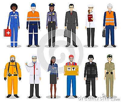 People occupation characters set in flat style isolated on white background. Different men and women professions characters standi Cartoon Illustration