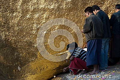 People offerings of gold for Kyaiktiyo Pagoda.Myanmar. Editorial Stock Photo