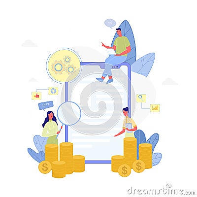 People with Office Accessories Around Huge Tablet Vector Illustration