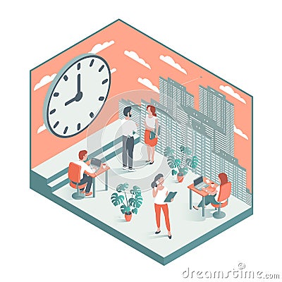 People work in the office against the background of a big clock Vector Illustration