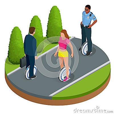 People on One-wheeled Self-balancing electric scooter vector isometric illustrations. Intelligent and fashionable Vector Illustration